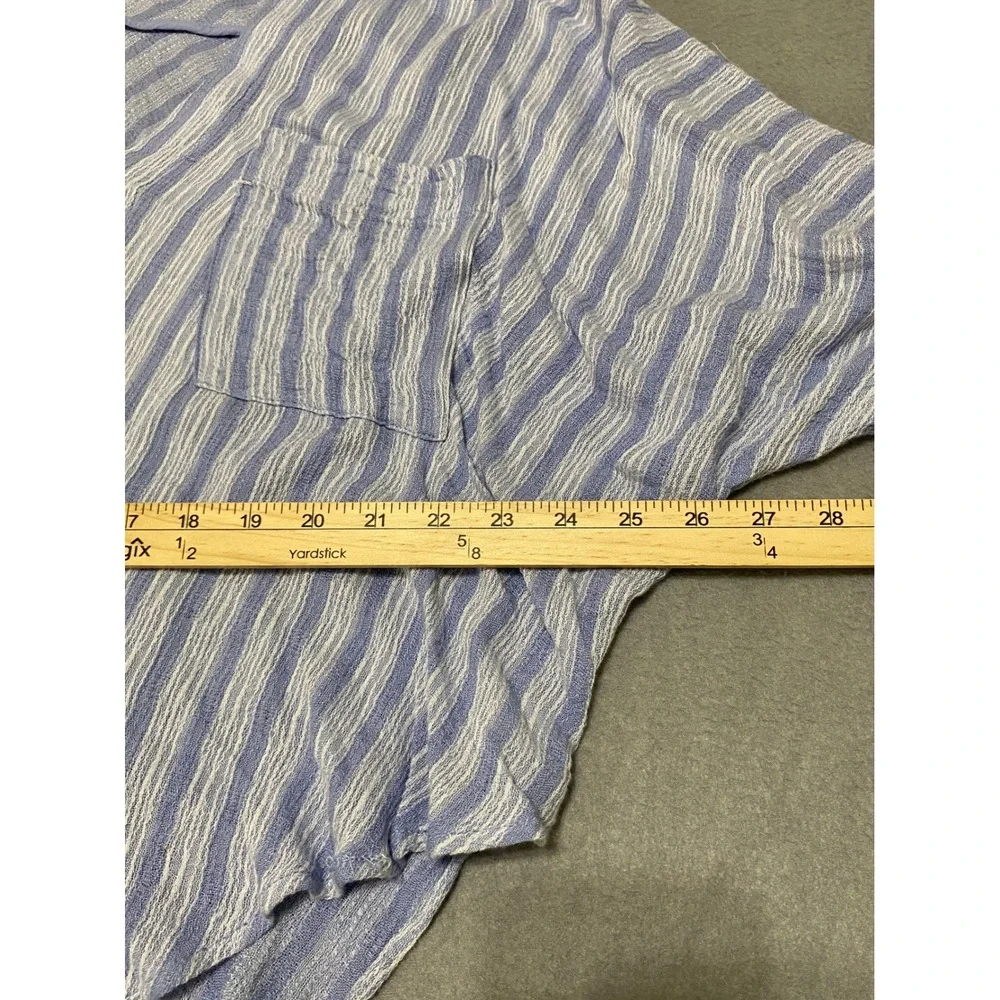 Free People Women's L Blue White‎ Striped V-Neck Blouse Tie Sleeve Pocket